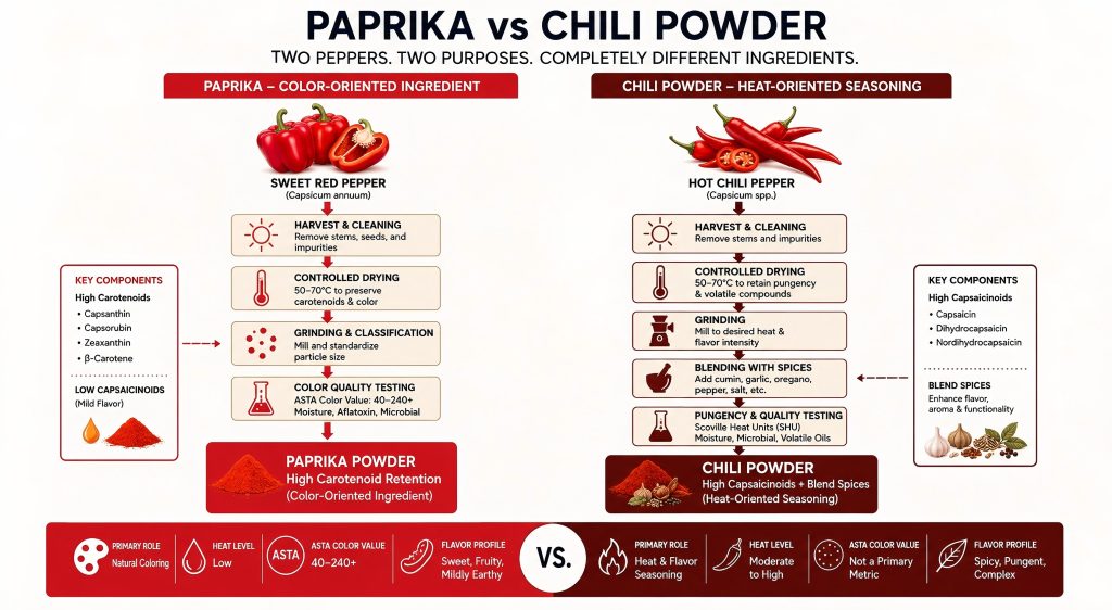 Industrial differentiation between paprika carotenoid extraction and chili powder capsaicin blending.